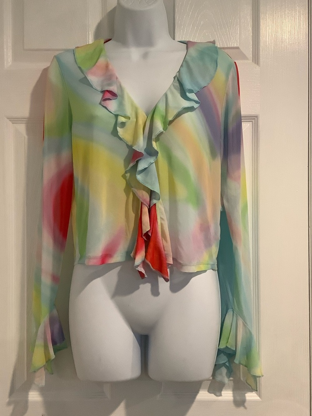 INTEMPO Pastel Rainbow Ruffled Festival Coquette Sheer Flirty Vacation Top S